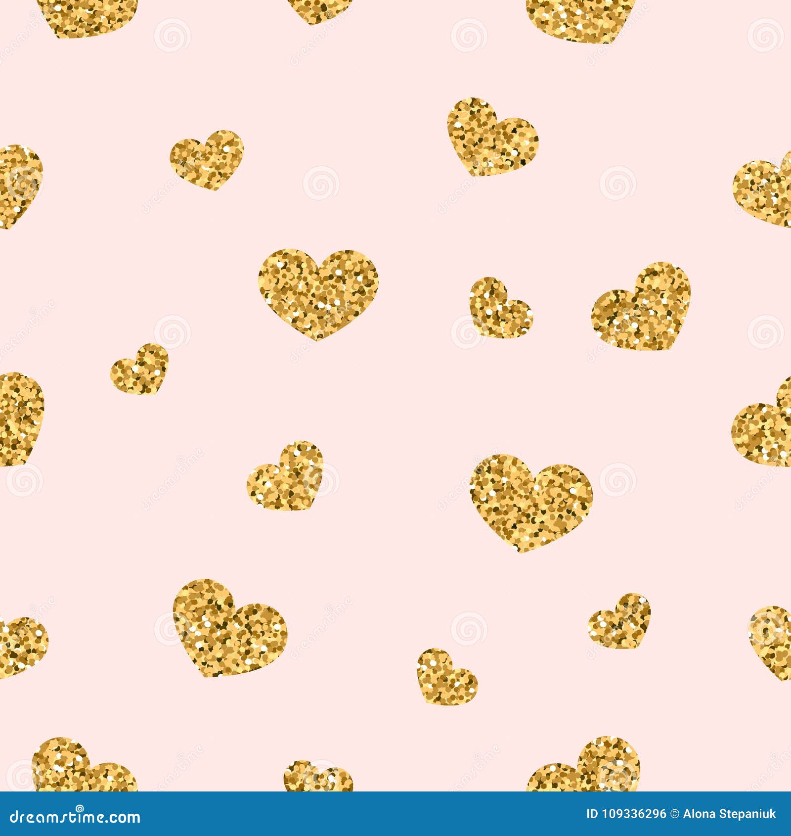 Gold heart seamless pattern. Golden glitter love confetti hearts