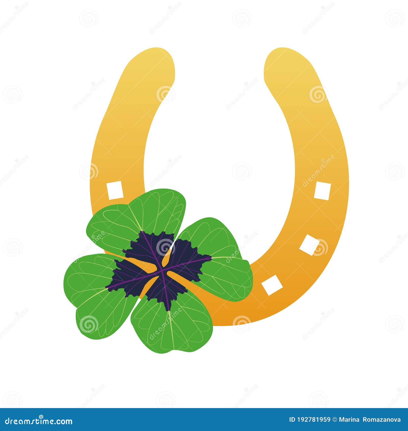 gold horseshoe with four leaf clover. lucky s.