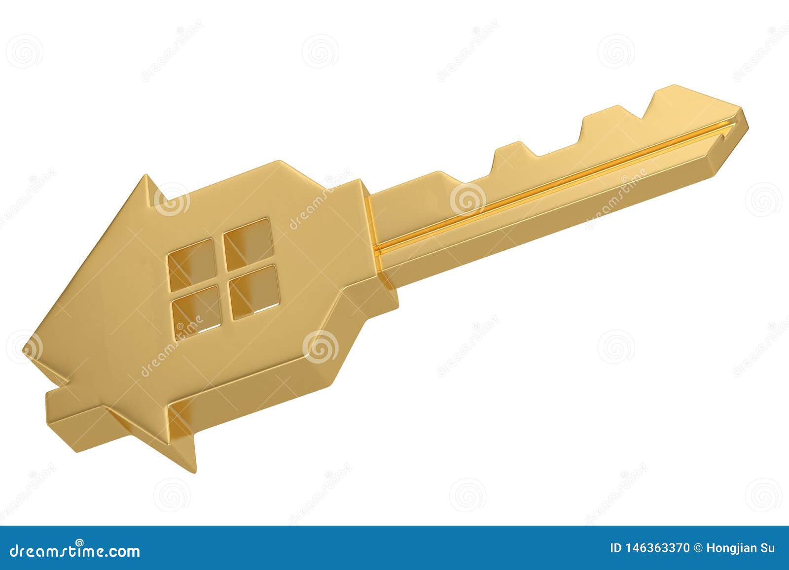 Gold House Key Isolated on White Background 3D Illustration Stock