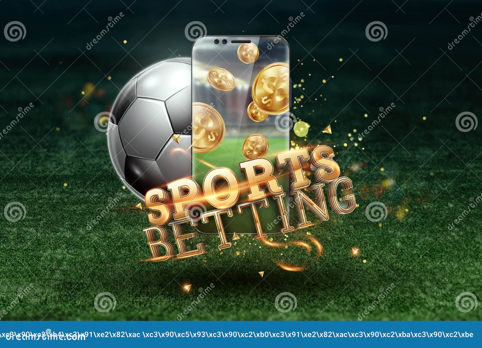 gold inscription sports betting on a smartphone on a background of green grass. bets, sports betting, bookmaker. mixed media