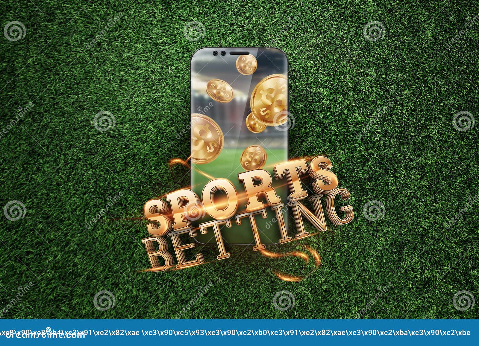 gold inscription sports betting on a smartphone on a background of green grass. bets, sports betting, bookmaker. mixed media