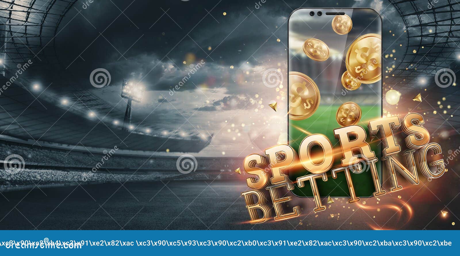 gold inscription sports betting on a smartphone on the background of the stadium. bets, sports betting, bookmaker. mixed media