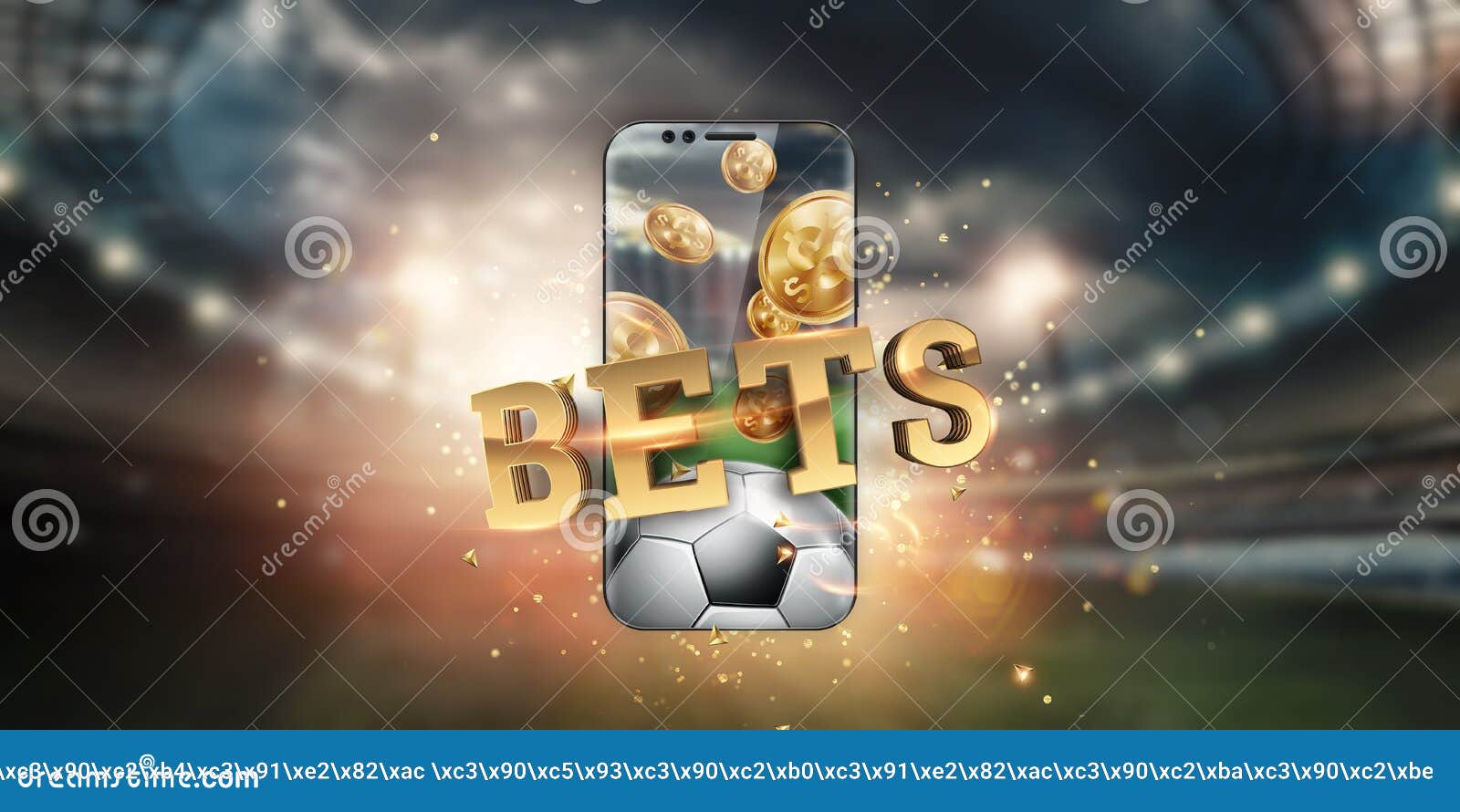 gold inscription sports betting on a smartphone on the background of the stadium. bets, sports betting, bookmaker. mixed media