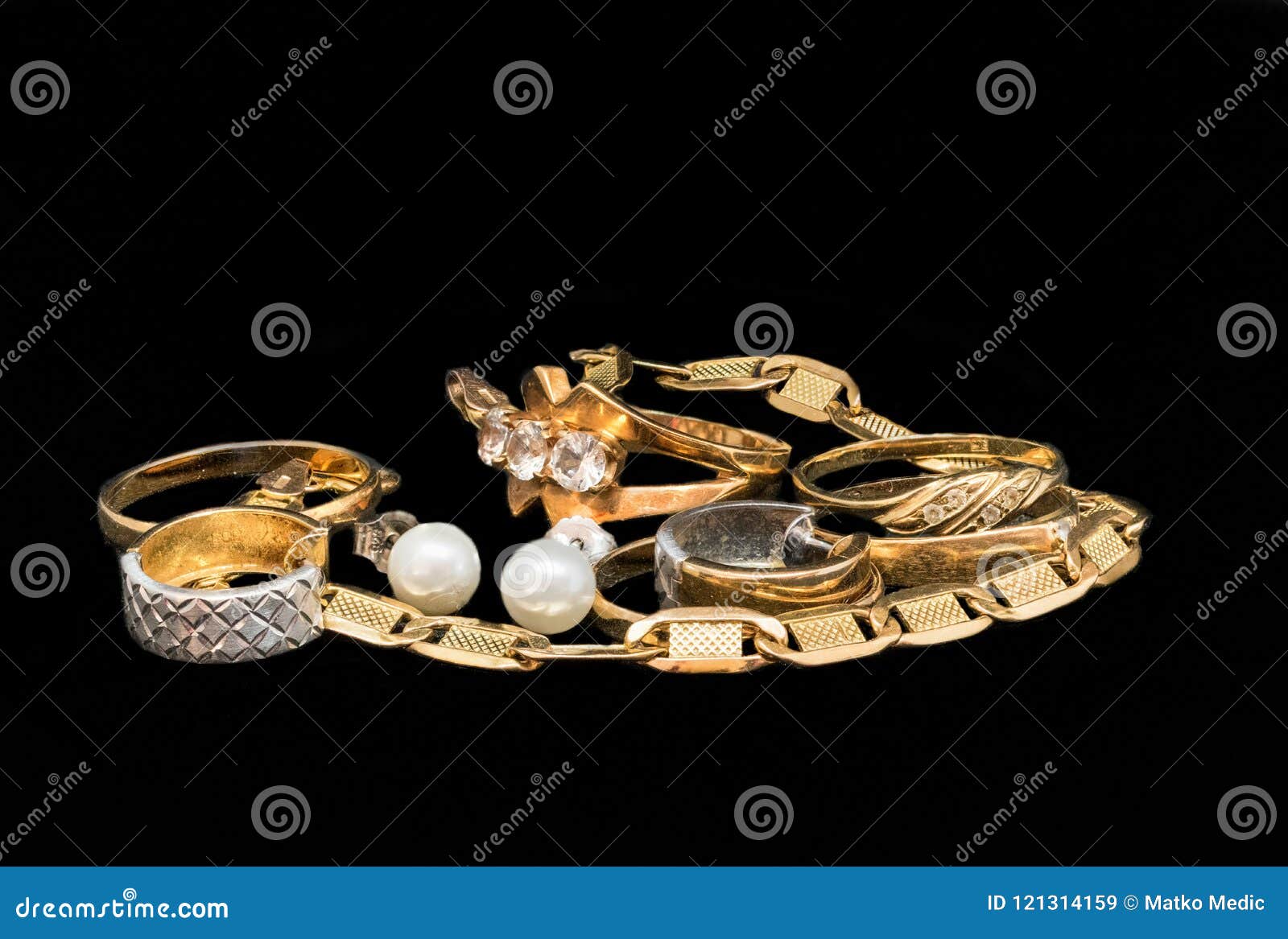 Gold Jewelry on Black Background Stock Image Image of pile