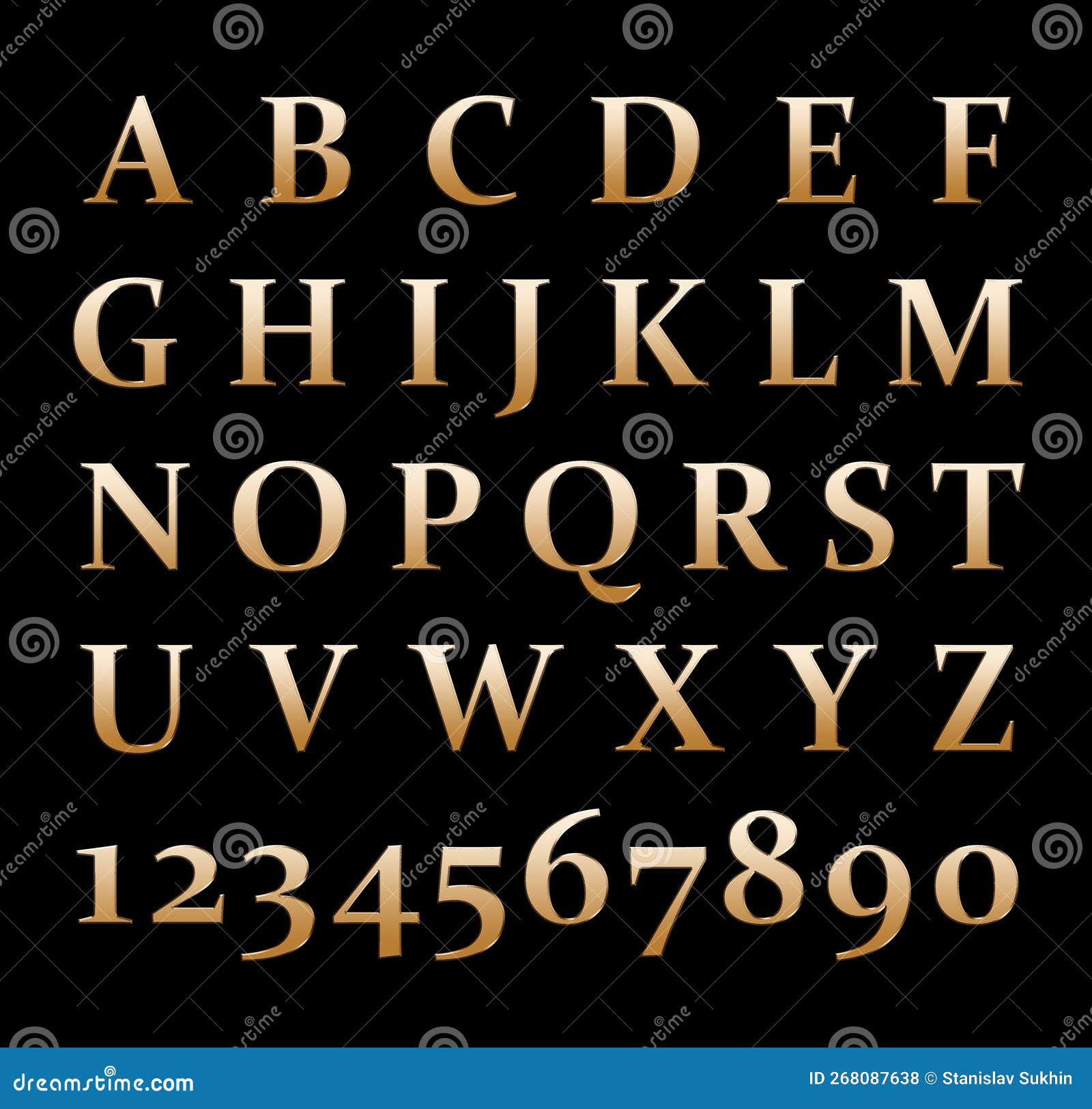 Gold Letters and Numbers on a Black Background Stock Illustration