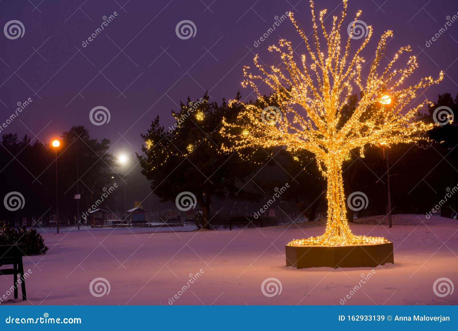 Gold lights Christmas Tree stock image. Image of design 162933139