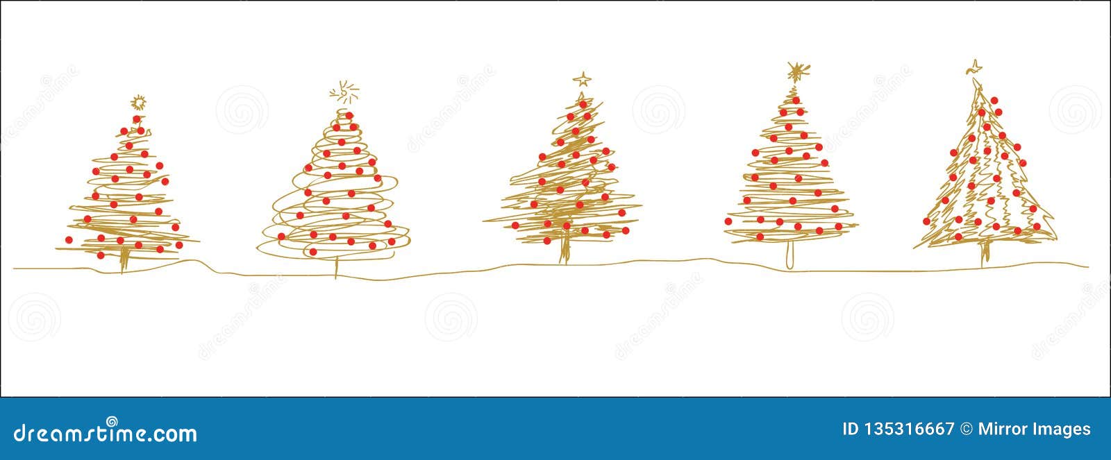 Gold Red Christmas Tree Line Sketches in a Row Stock Vector