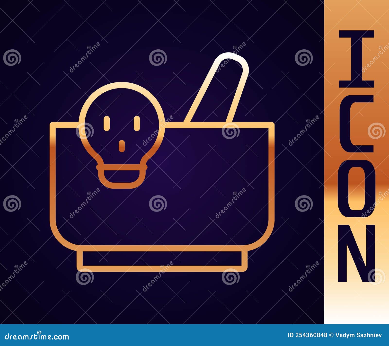 Gold Line Mortar and Pestle Icon Isolated on Black Background. Vector Stock Illustration