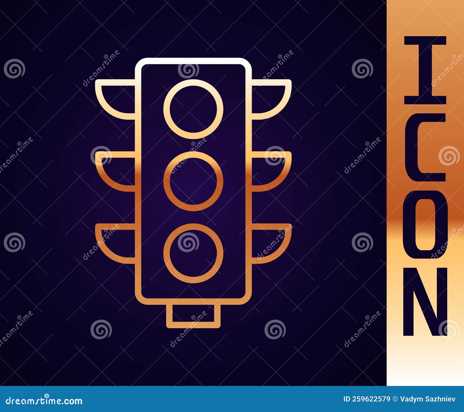 Gold Line Traffic Light Icon Isolated on Black Background. Vector Stock Illustration