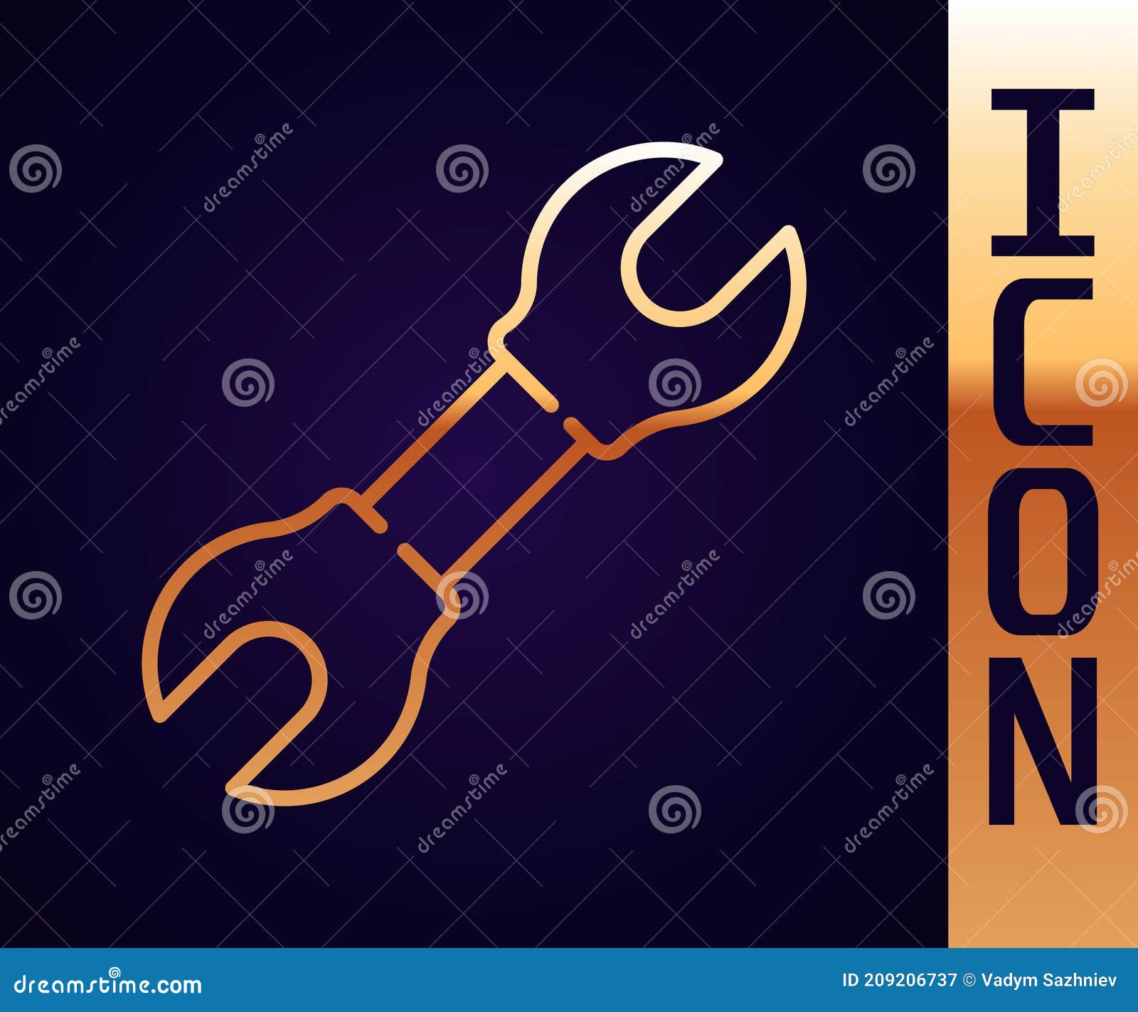 Gold Line Wrench Spanner Icon Isolated on Black Background. Vector