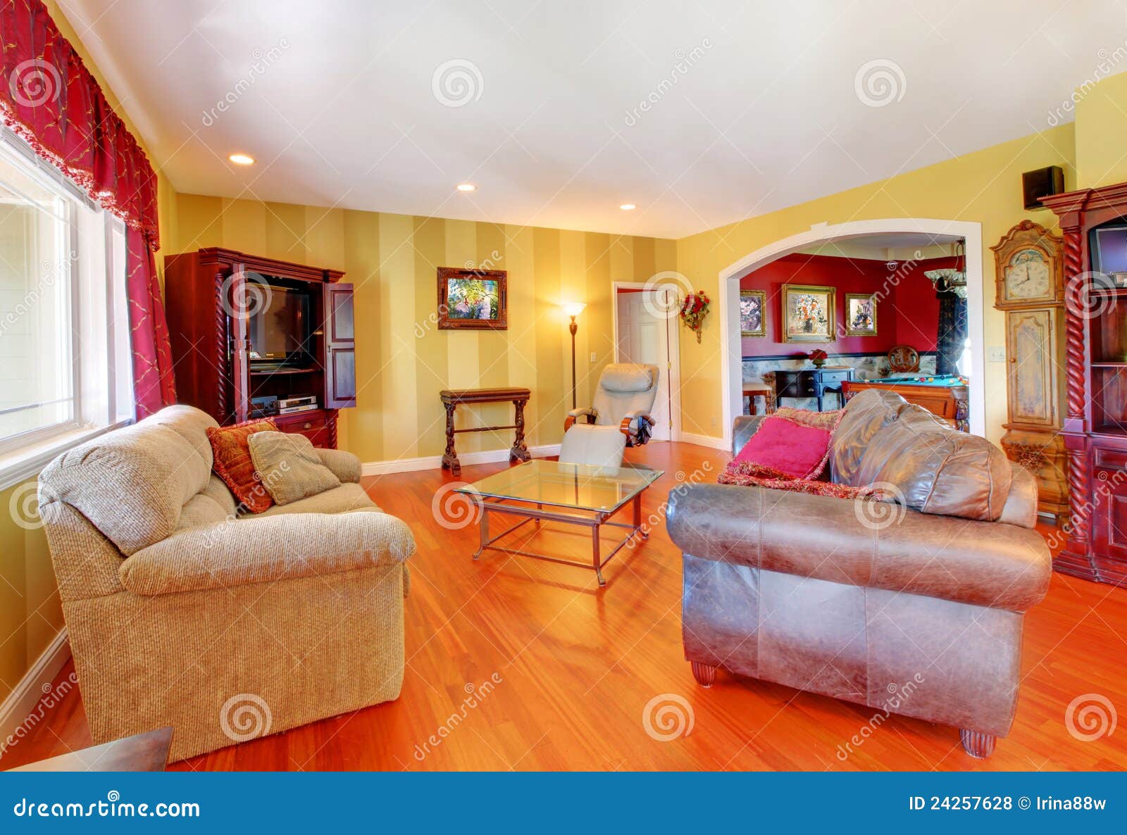 Gold Living Room with Cherry Hardwood and Red. Stock Photo Image of