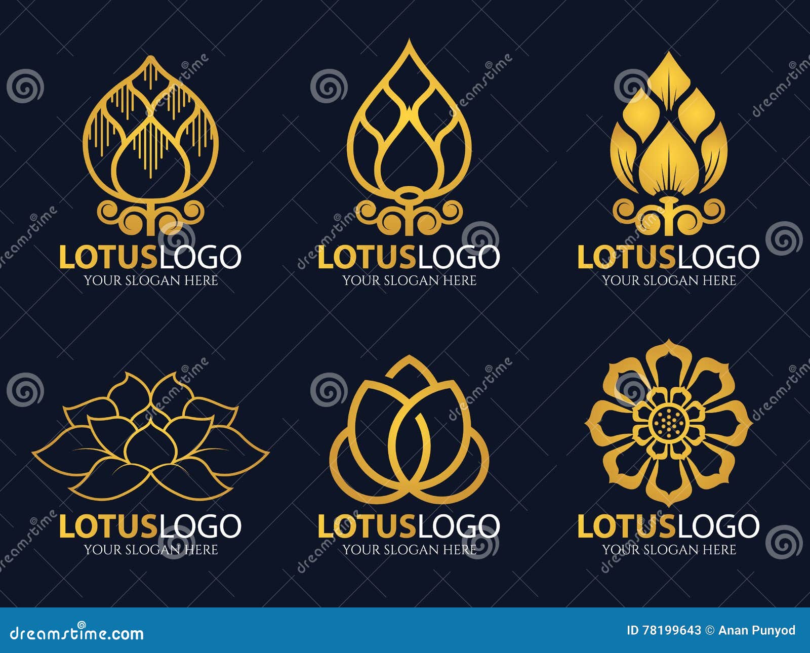 Gold Lotus Logo Vector Illustration Art Set Design Stock Vector