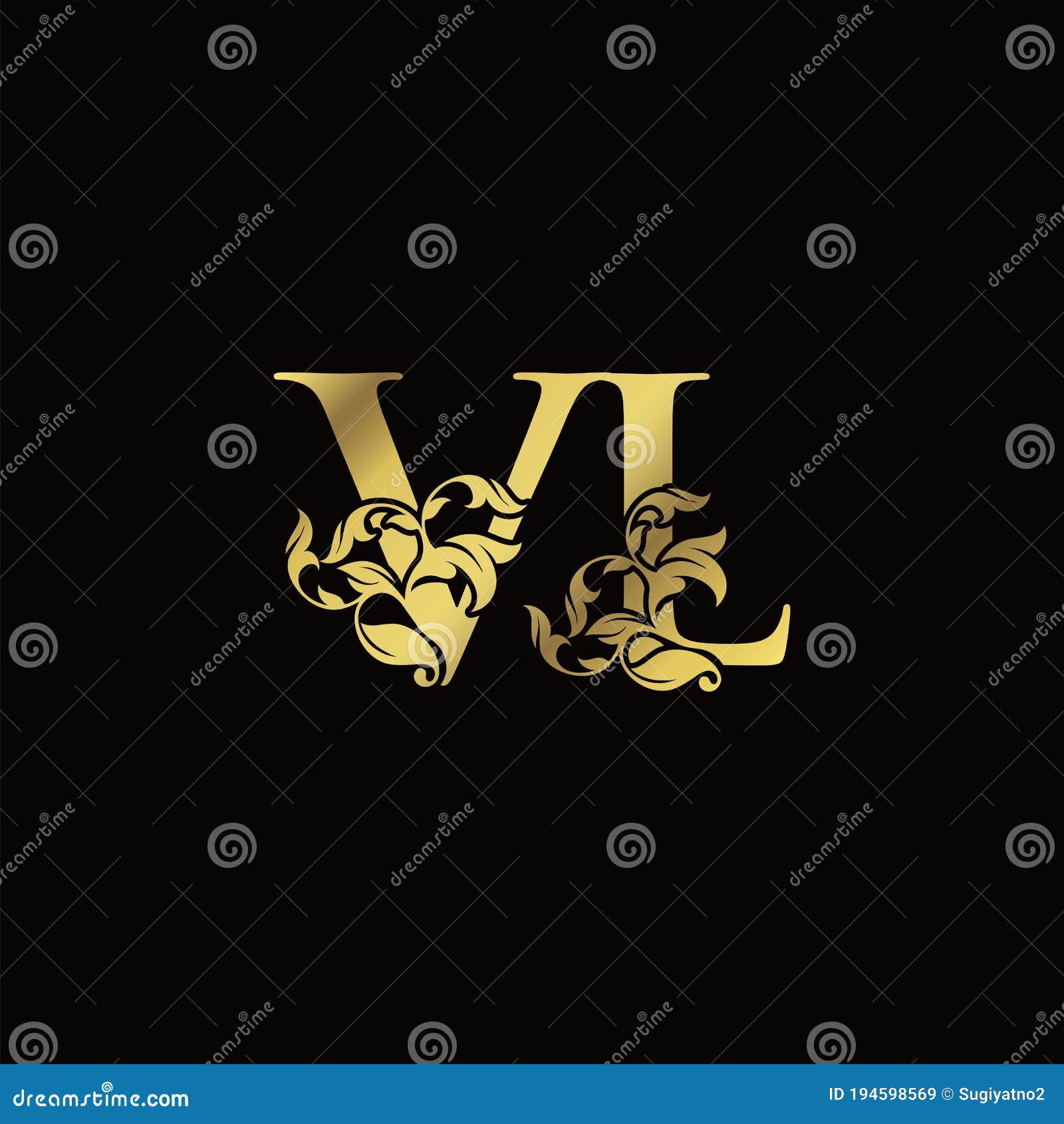 Gold Luxury V and L, VL Letter Initial Logo Icon, Monogram Floral