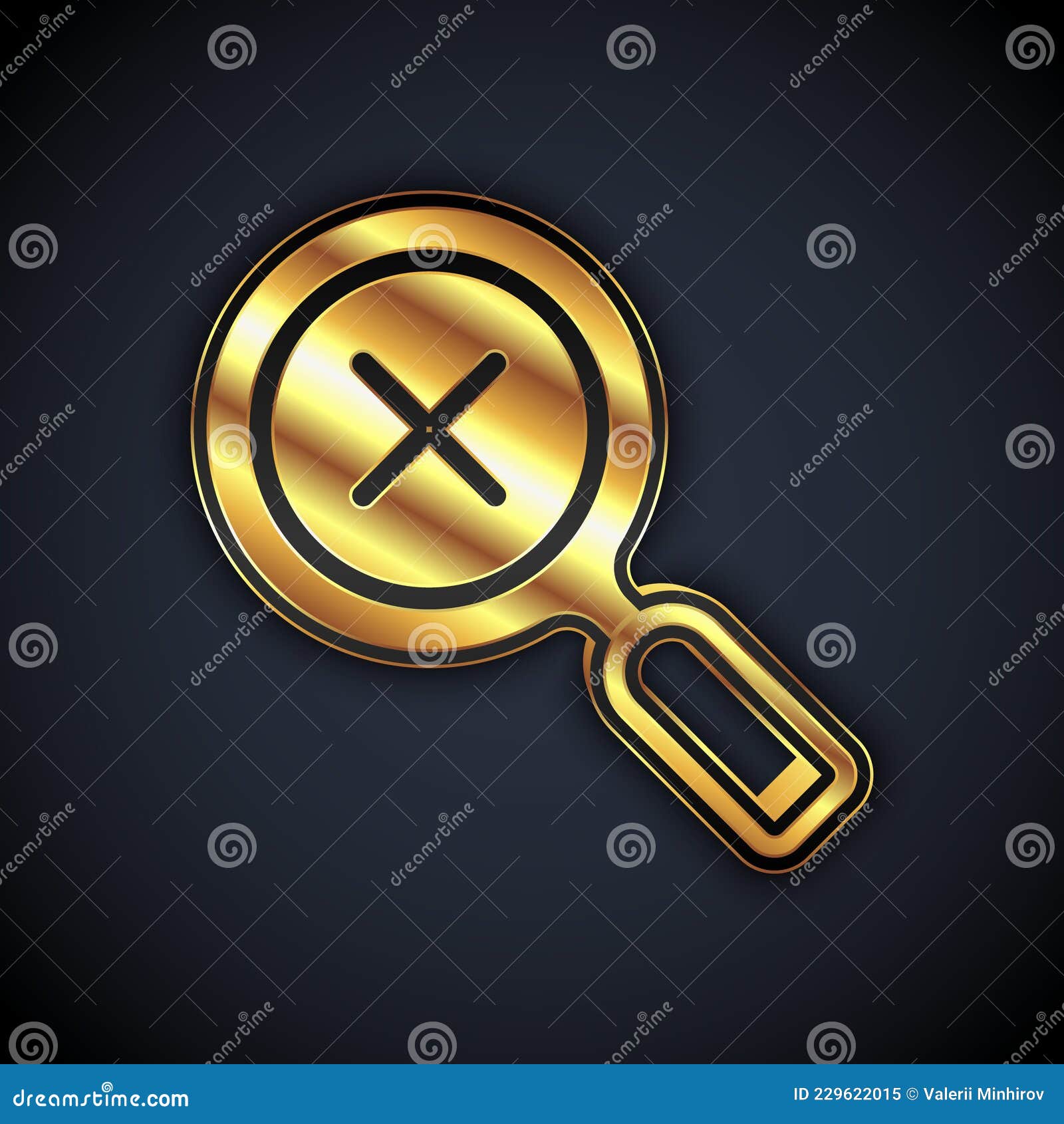 Gold Magnifying Glass and Delete Icon Isolated on Black Background ...