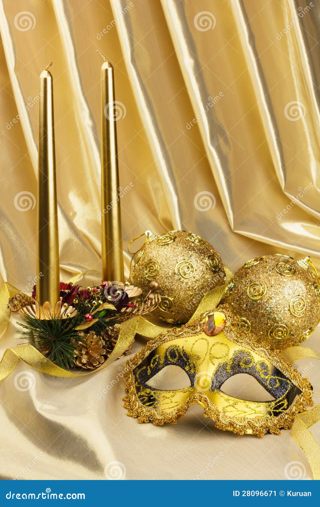 Gold Mask and Christmas Decorations with Candles Stock Image Image of