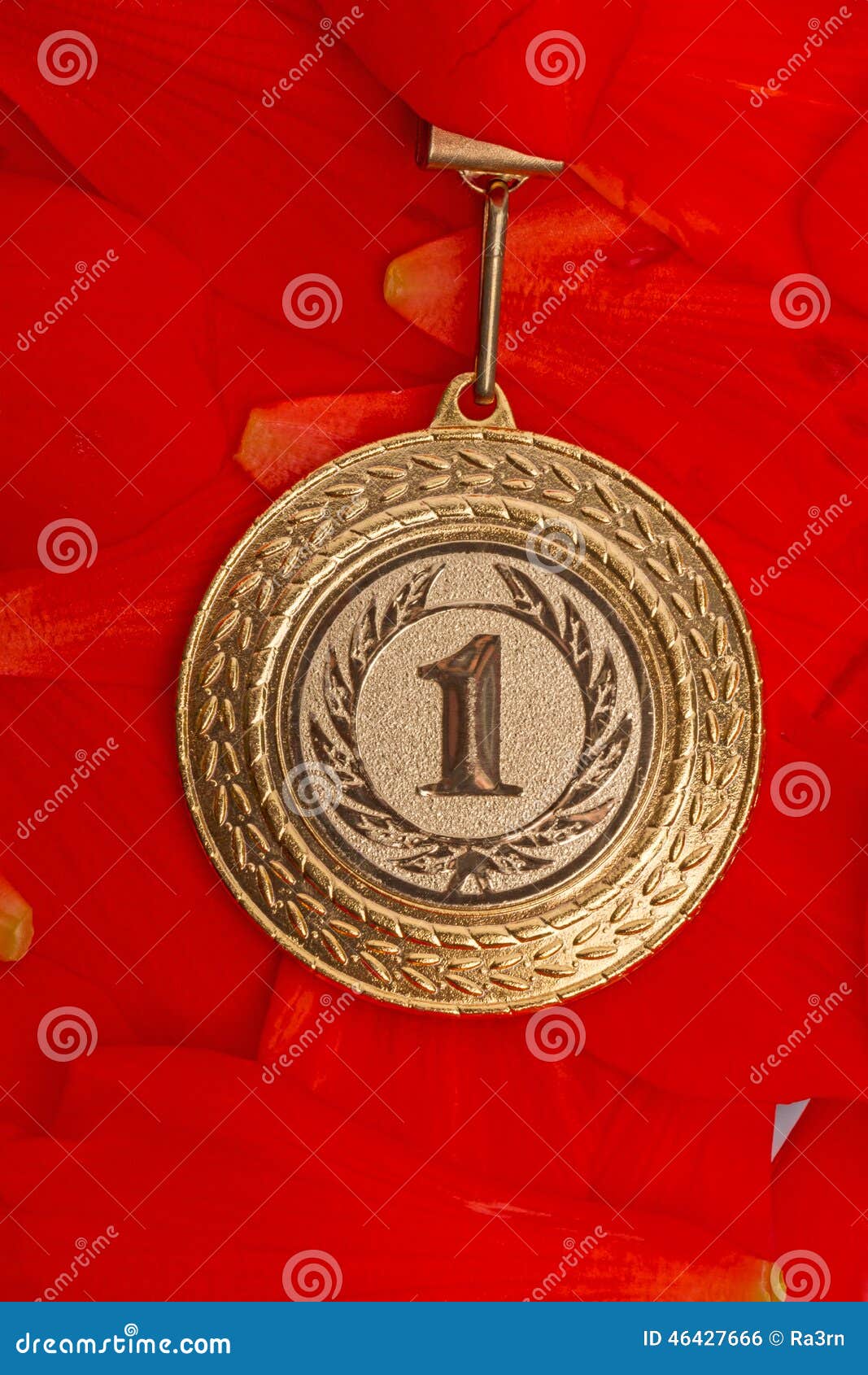 Gold medals on red petals stock photo. Image of flowers 46427666