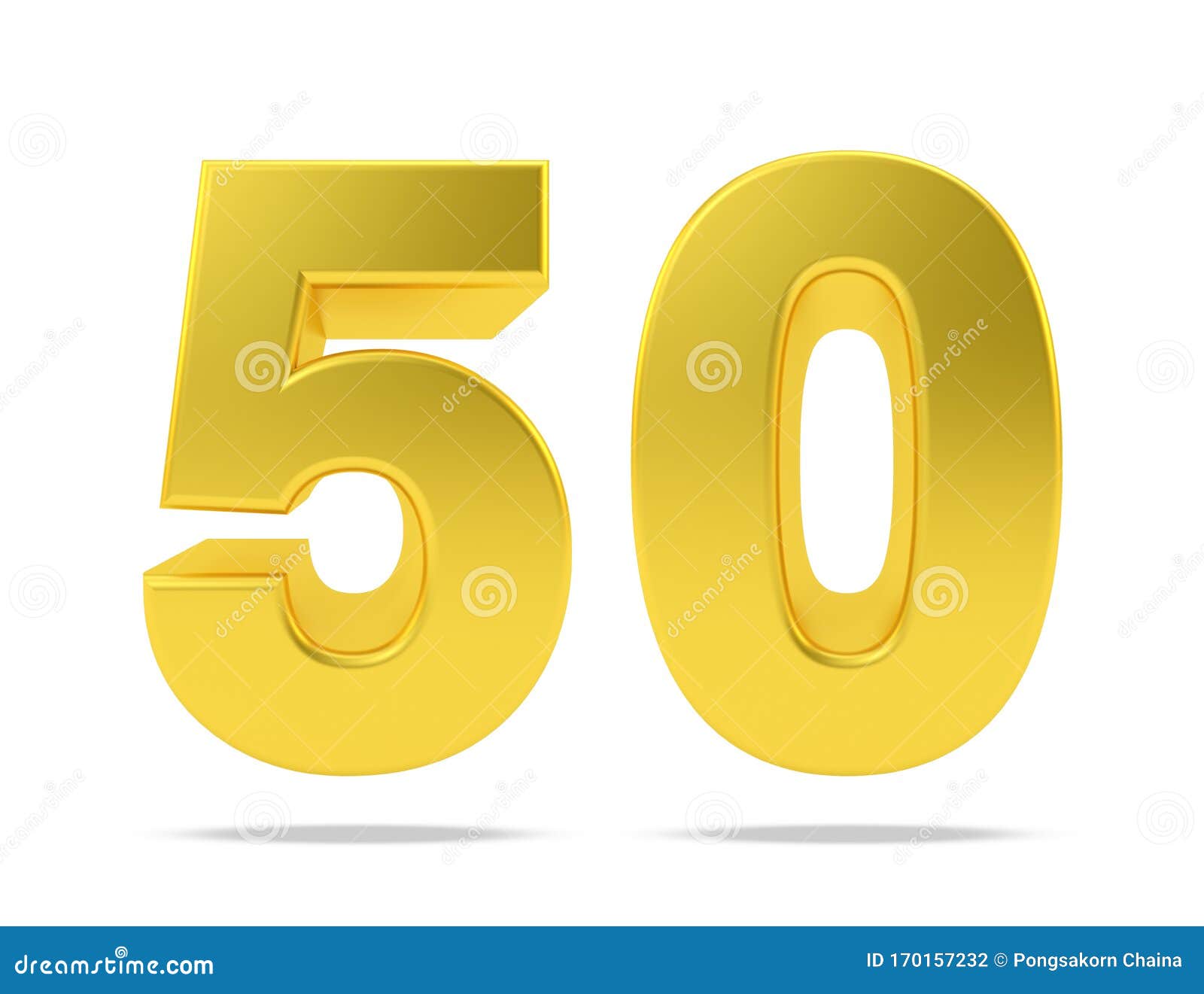 Gold Metal Number 50 Fifty Isolated on White Background, 3d Rendering