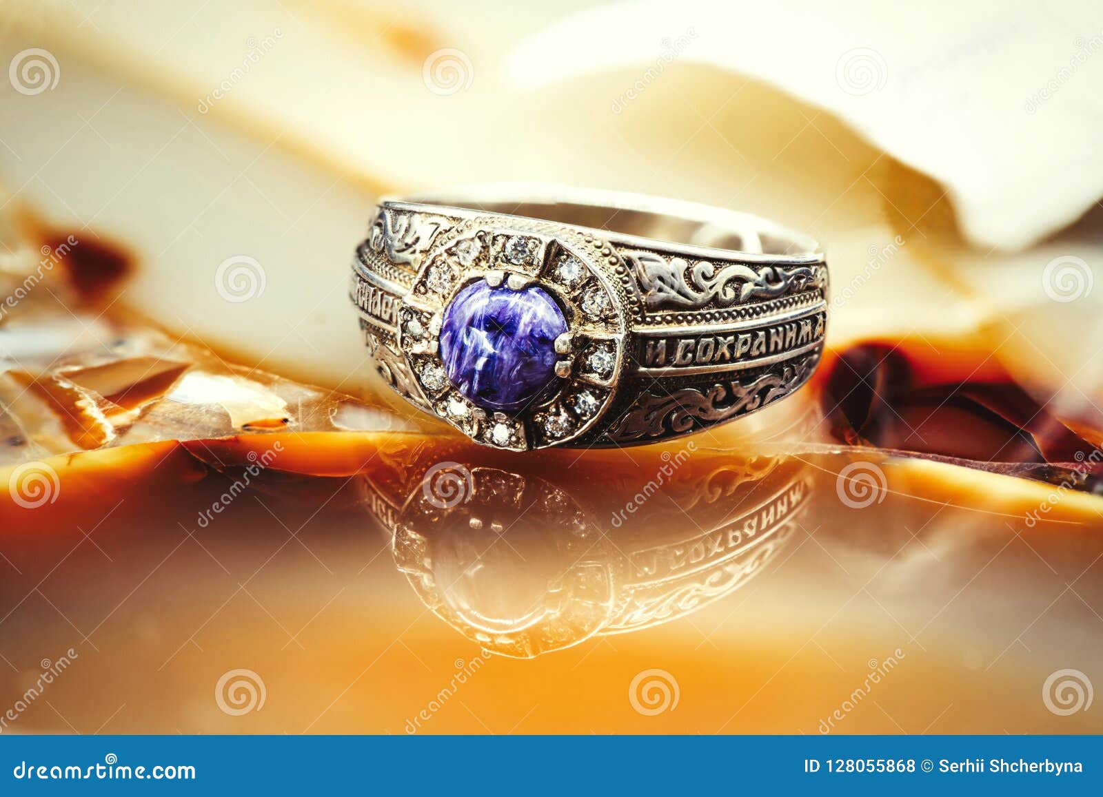 Gold Metal Ring with Blue Stone Save Inscription Stock Photo - Image of ...