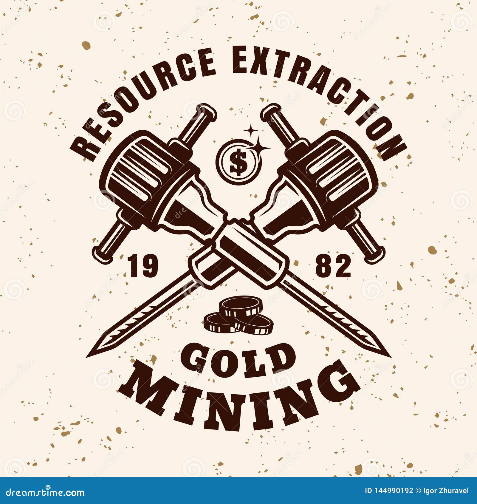 gold mining  vintage emblem with jackhammers