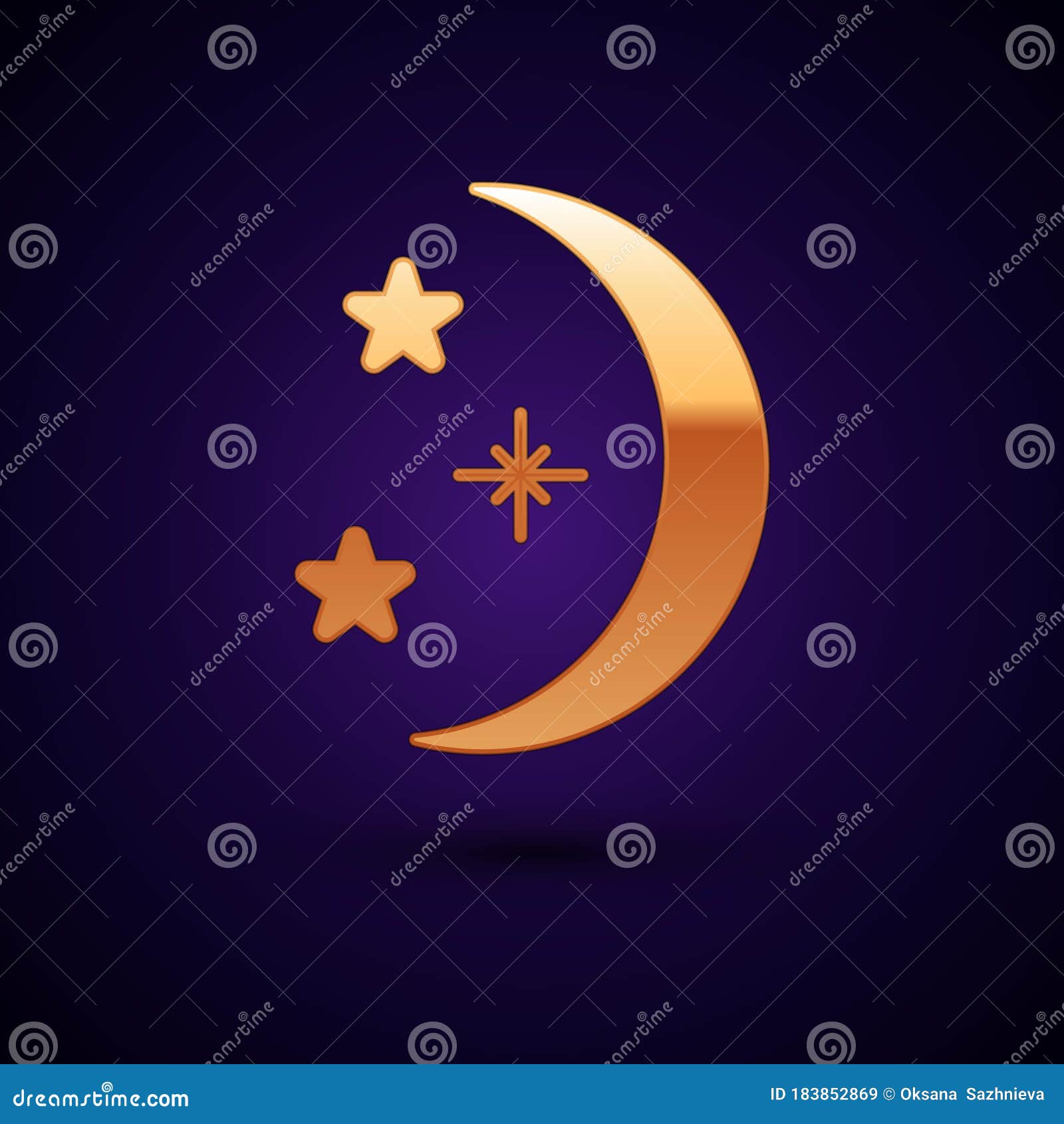 Gold Moon and Stars Icon Isolated on Black Background. Vector Stock