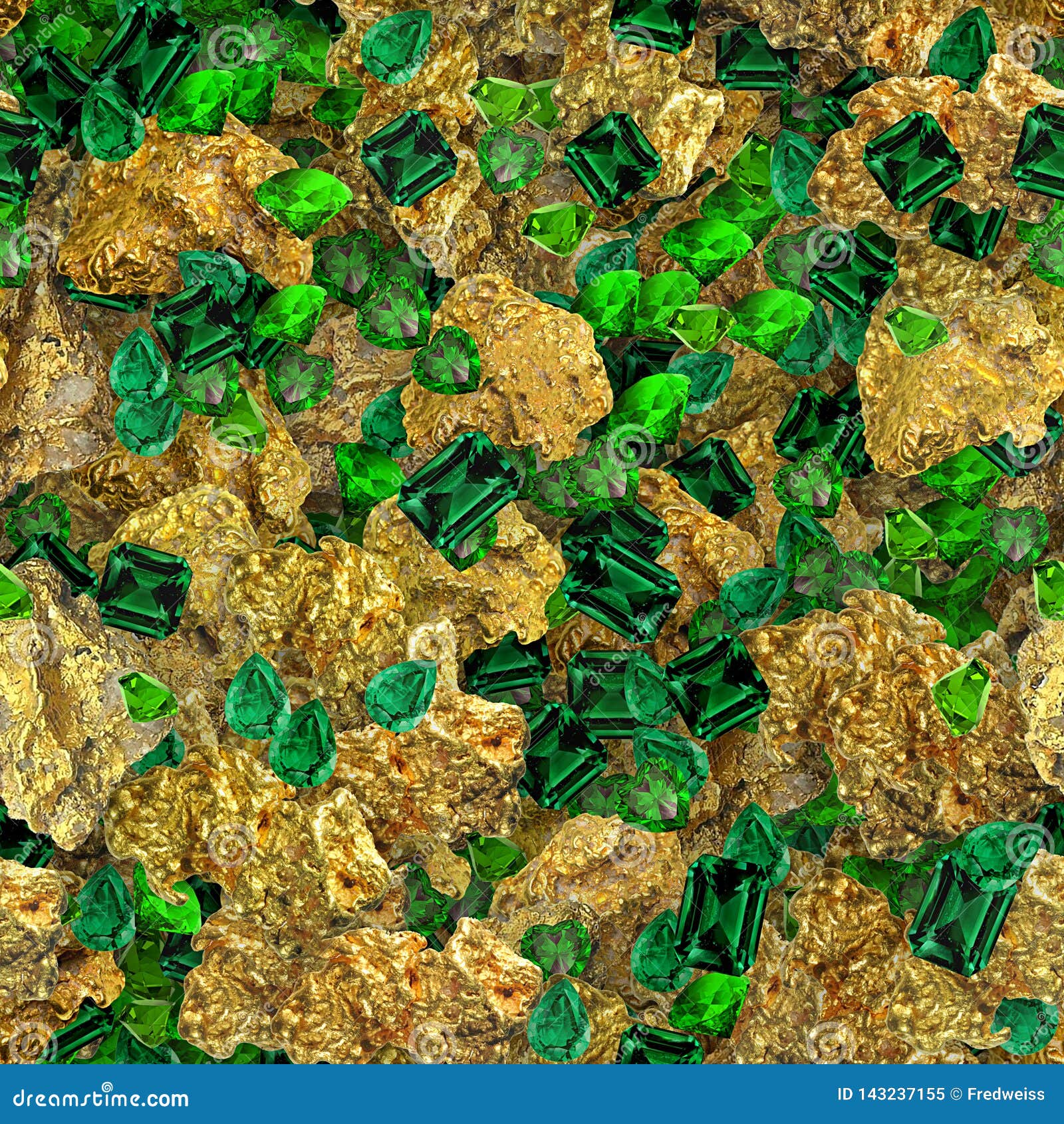 gold nuggets and emeralds seamless texture tile