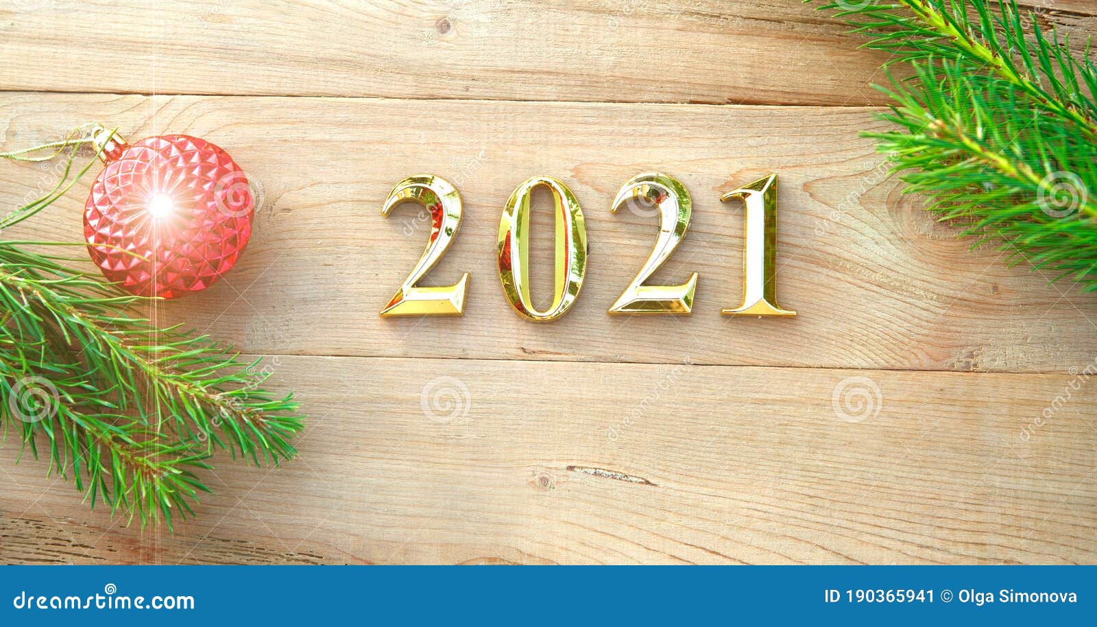 Gold Numbers 2021 on a Wooden Background with Christmas Decorations ...