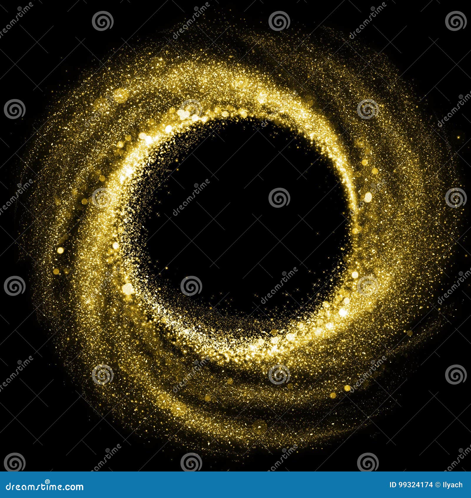 gold particle swirl effect. golden glitter circle twirl trace