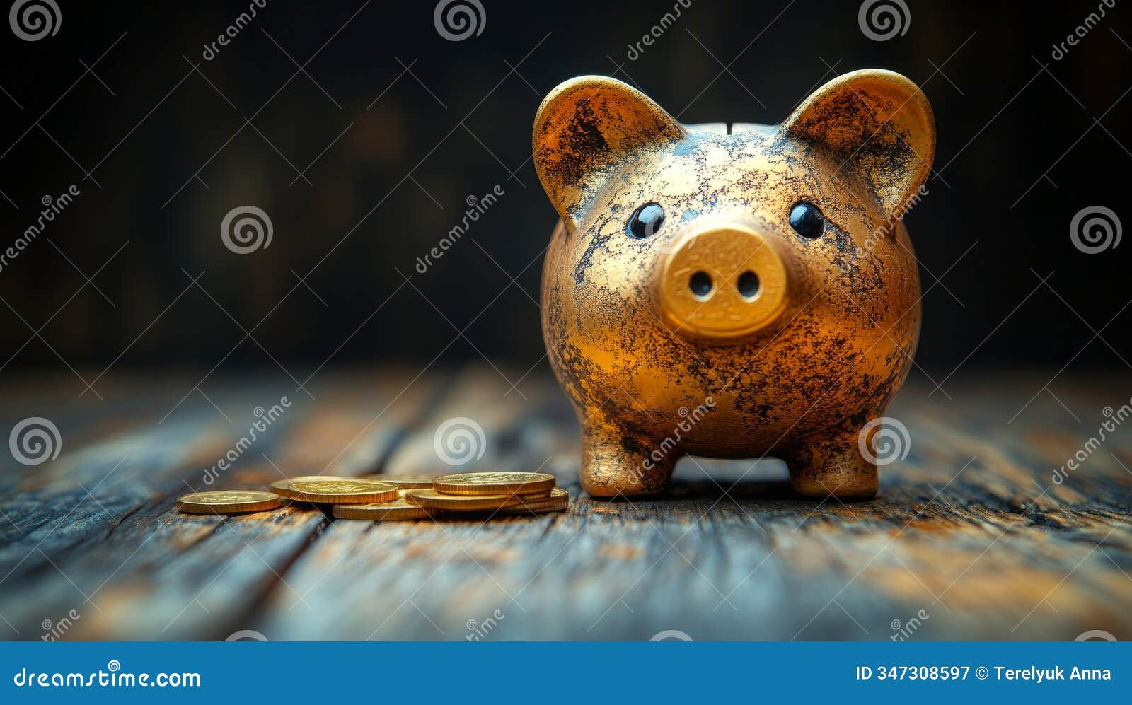 a gold piggy bank sits on a wooden table with a pile of coins next to it