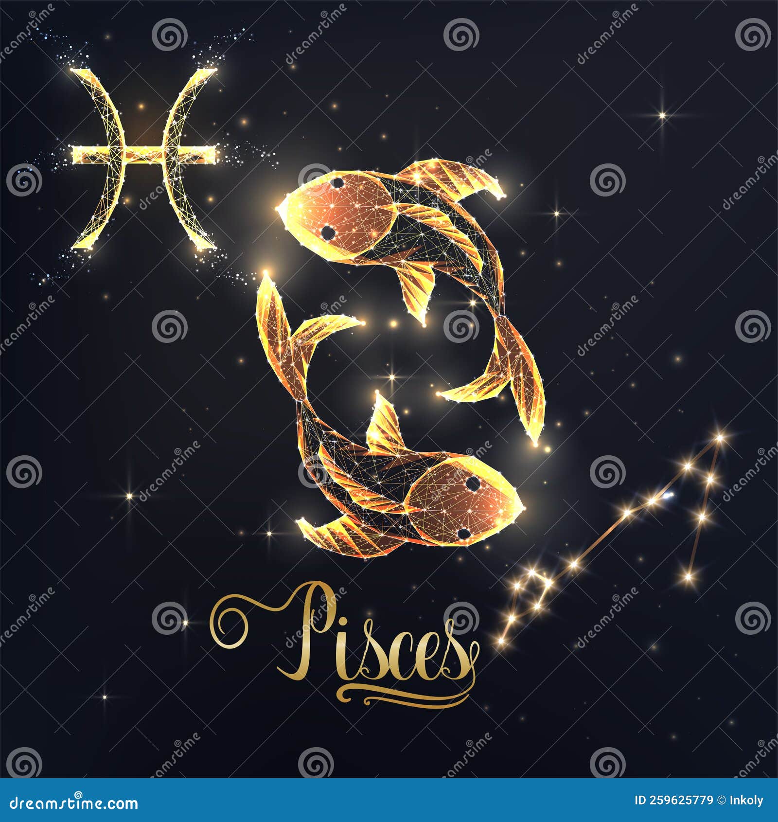 Gold Pisces Zodiac Sign Poster with Fish Zodiac Figure, Symbol Glyphs