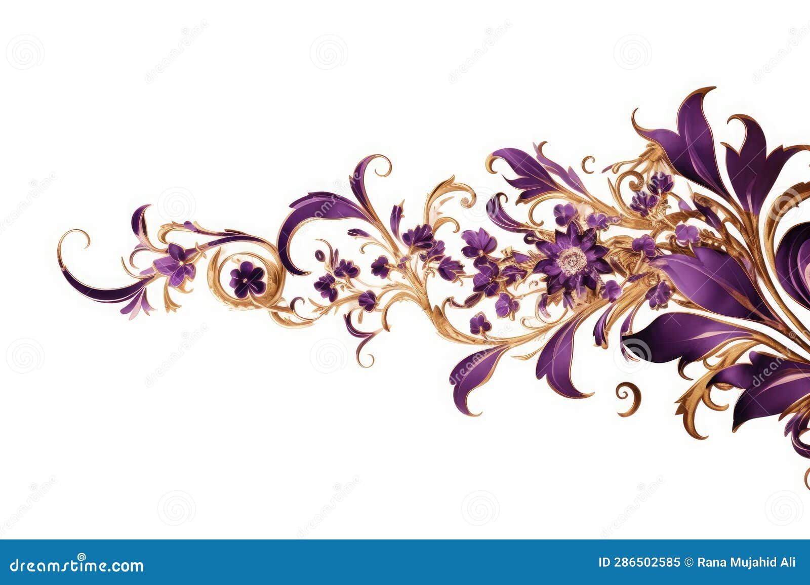Gold and Purple Border with Purple Flowers, Generative AI Stock