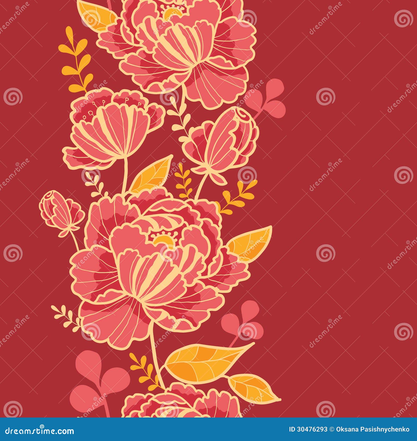 Gold and Red Flowers Vertical Seamless Pattern Stock Vector