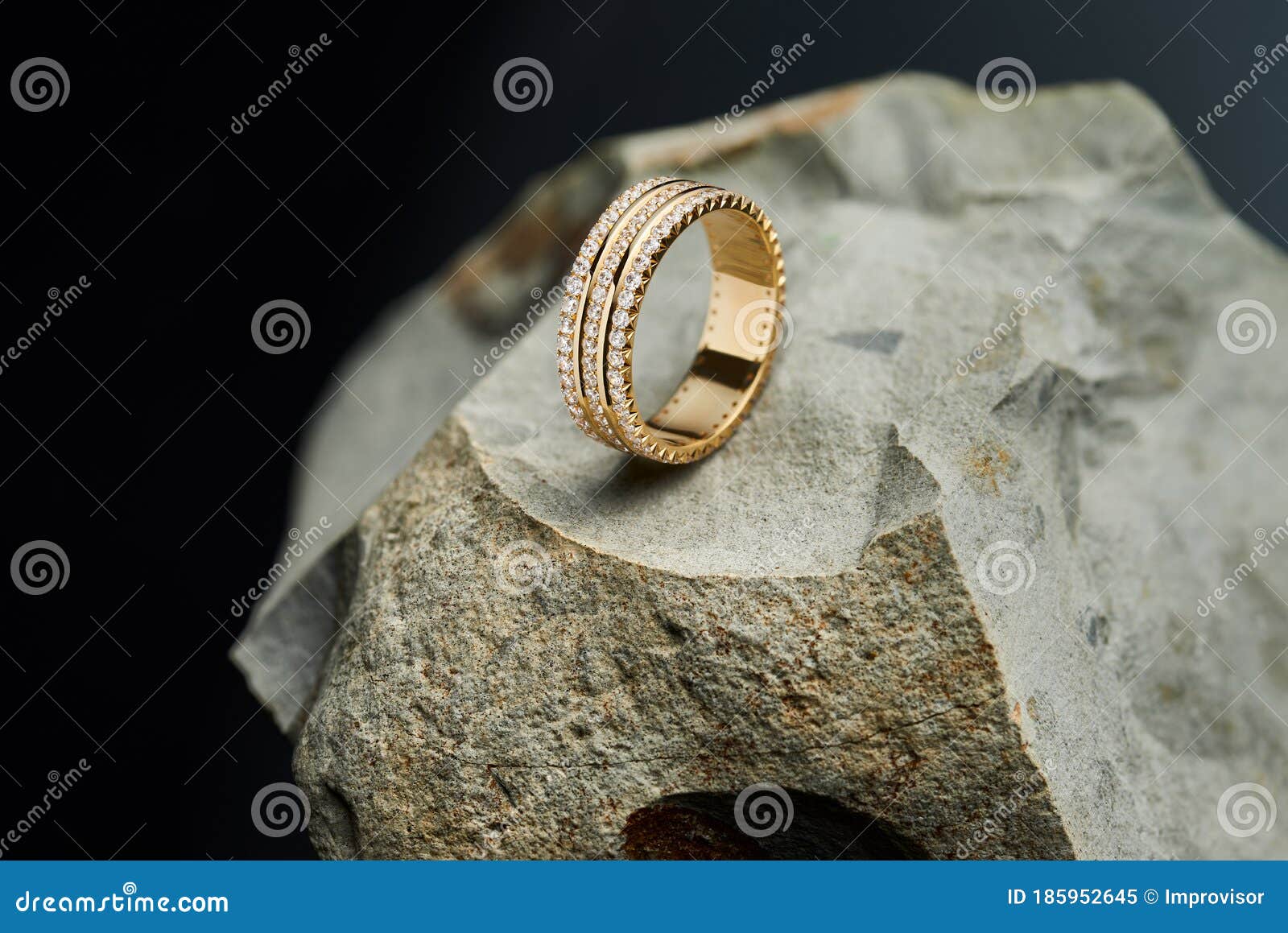 Gold Ring with Diamonds on the Stone, Black Background Stock Image