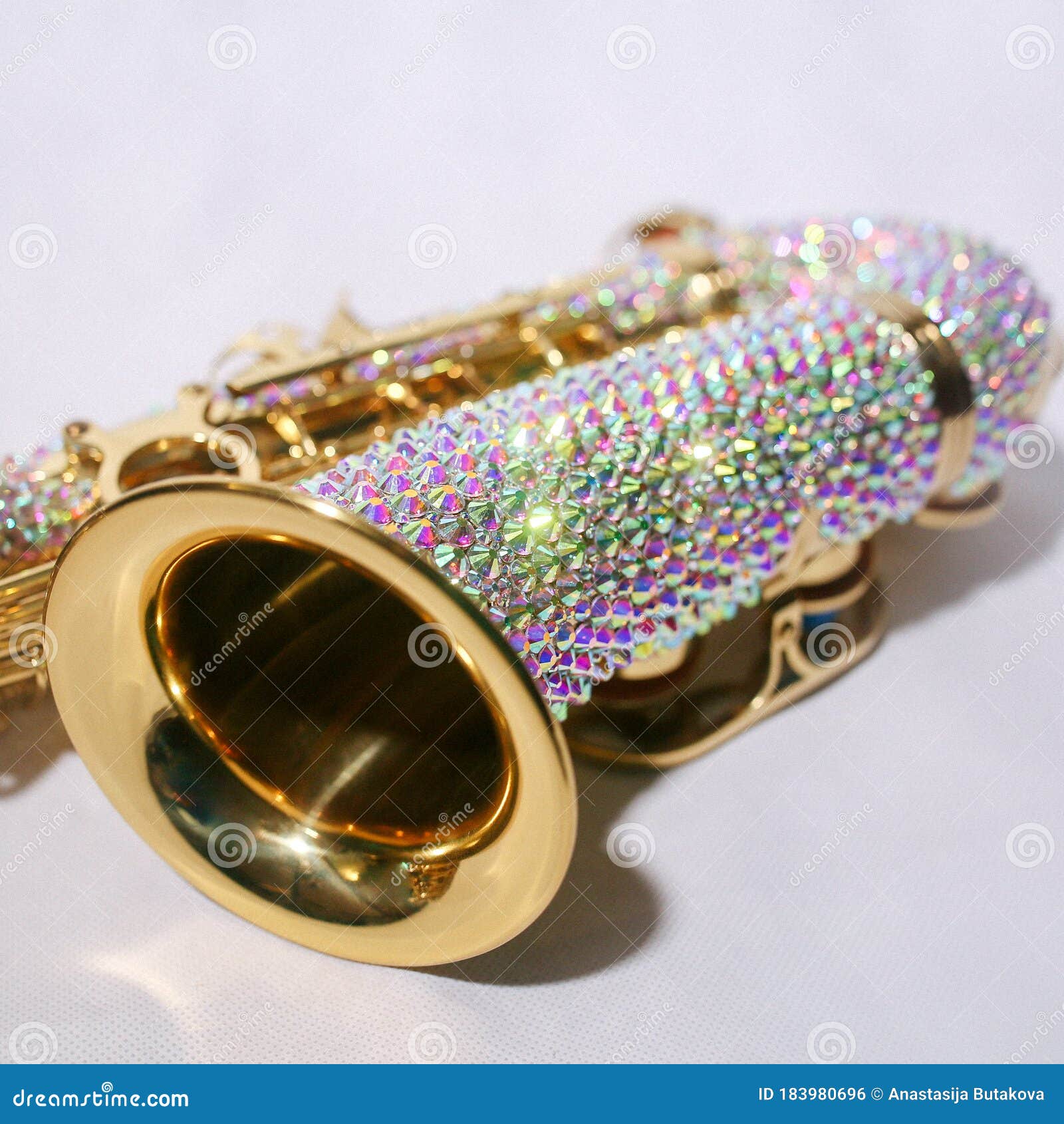Gold Saxophone in Silver Rhinestones, Close Angle Stock Photo Image