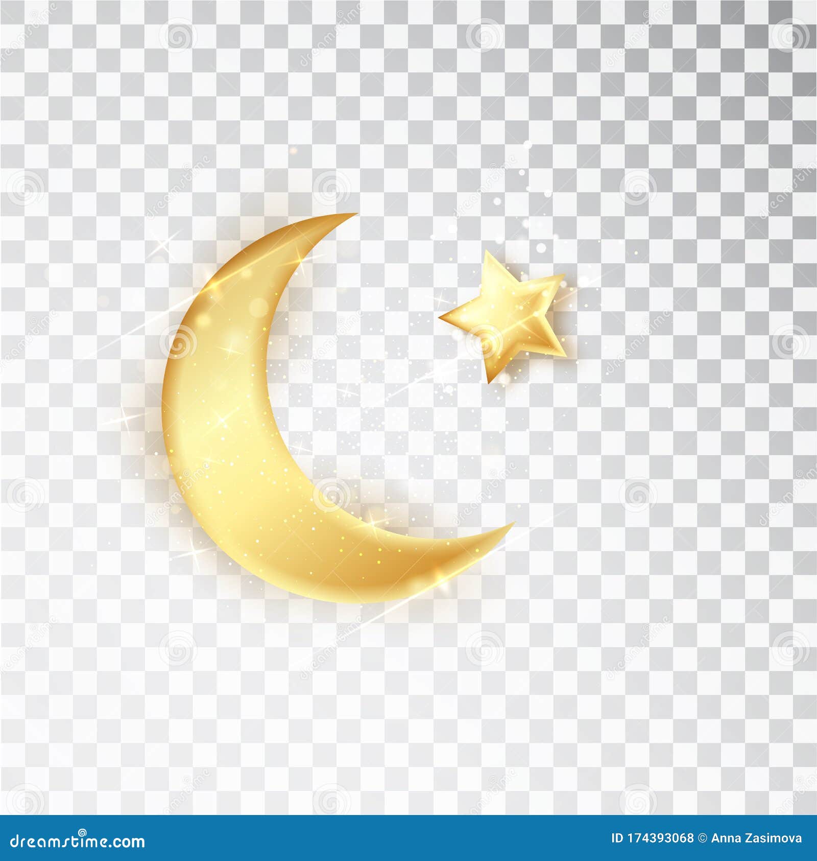 Gold Shiny Glowing Half Moon With Star Isolated On White Background