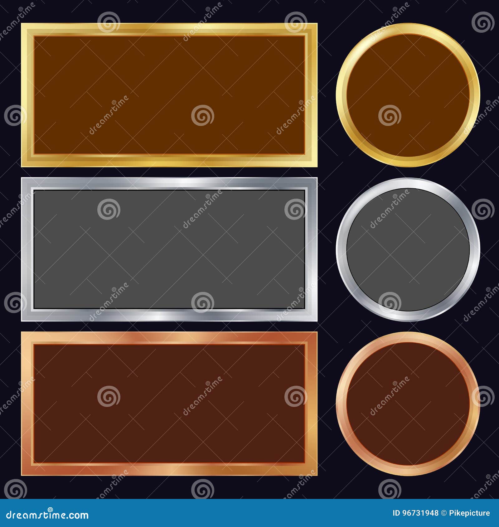 Gold, Silver, Bronze, Copper Metal Frames Vector. Rectangular, Round