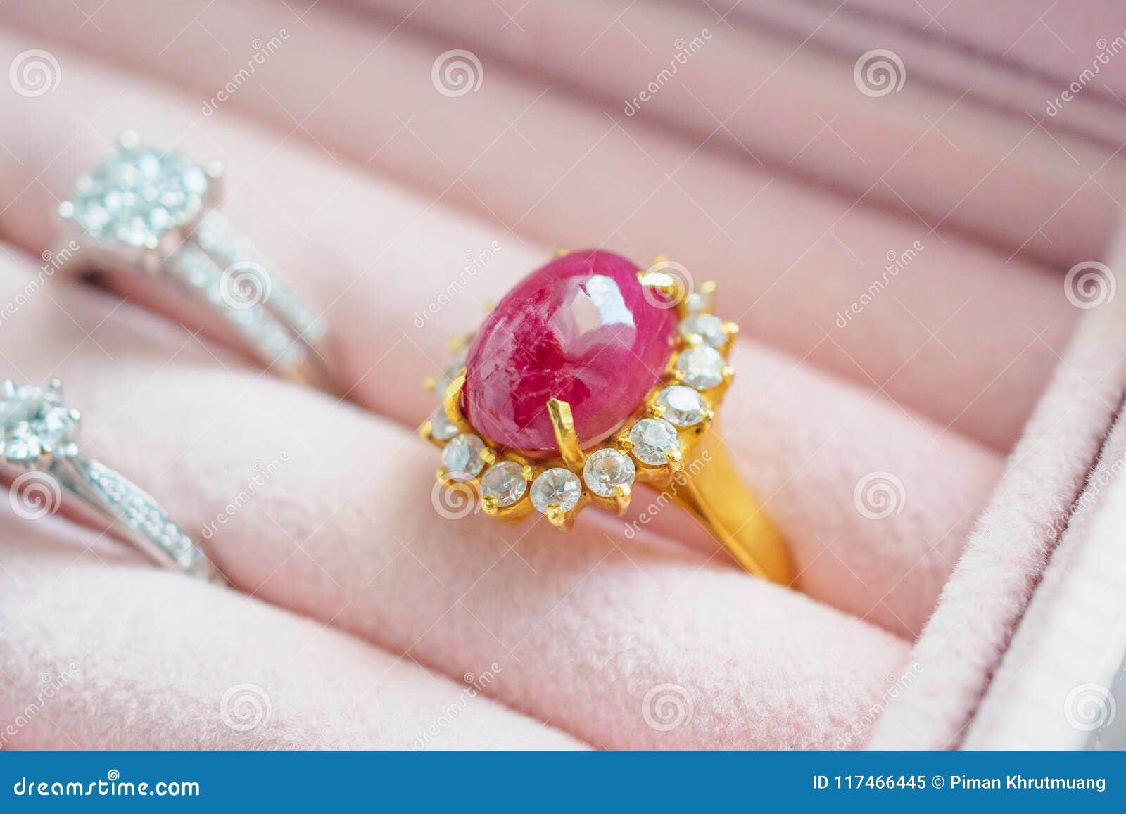 Gold and Silver Diamond Ruby Gemstone Ring in Jewelry Box Stock Image