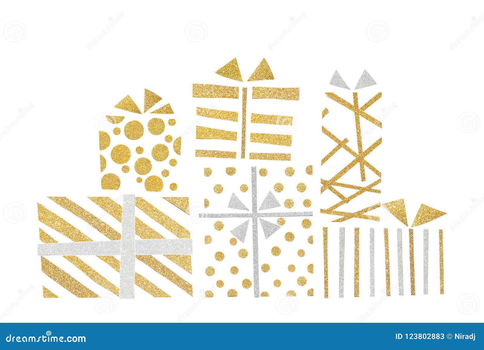 Gold and Silver Glitter Gift Boxes Paper Cut Stock Illustration