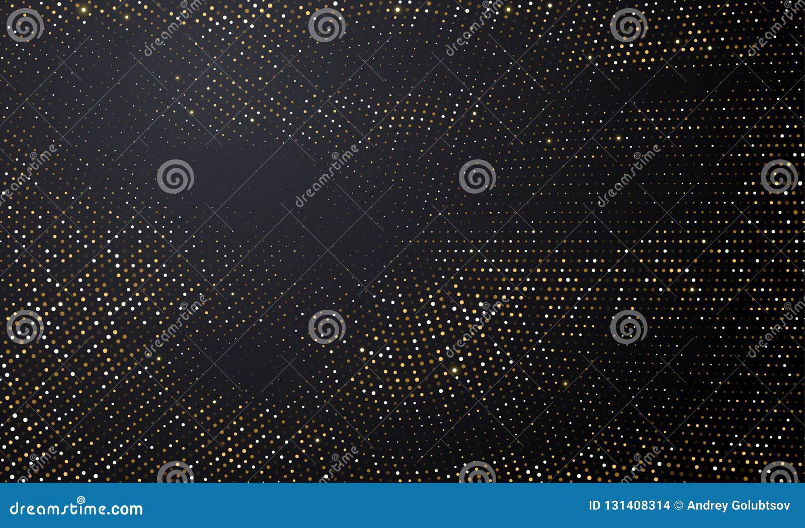 gold and silver halftone black background.  golden glitter circle sparkles on halftone shine pattern texture
