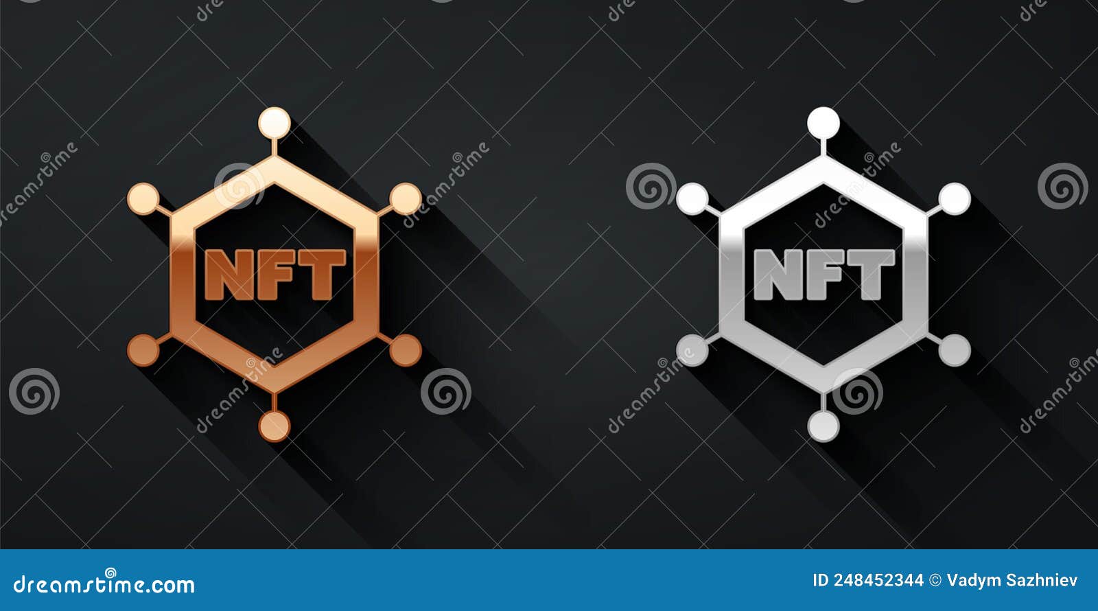 Gold and silver NFT blockchain technology icon isolated on black background. Non fungible token. Digital crypto art concept. Long shadow style. Vector.