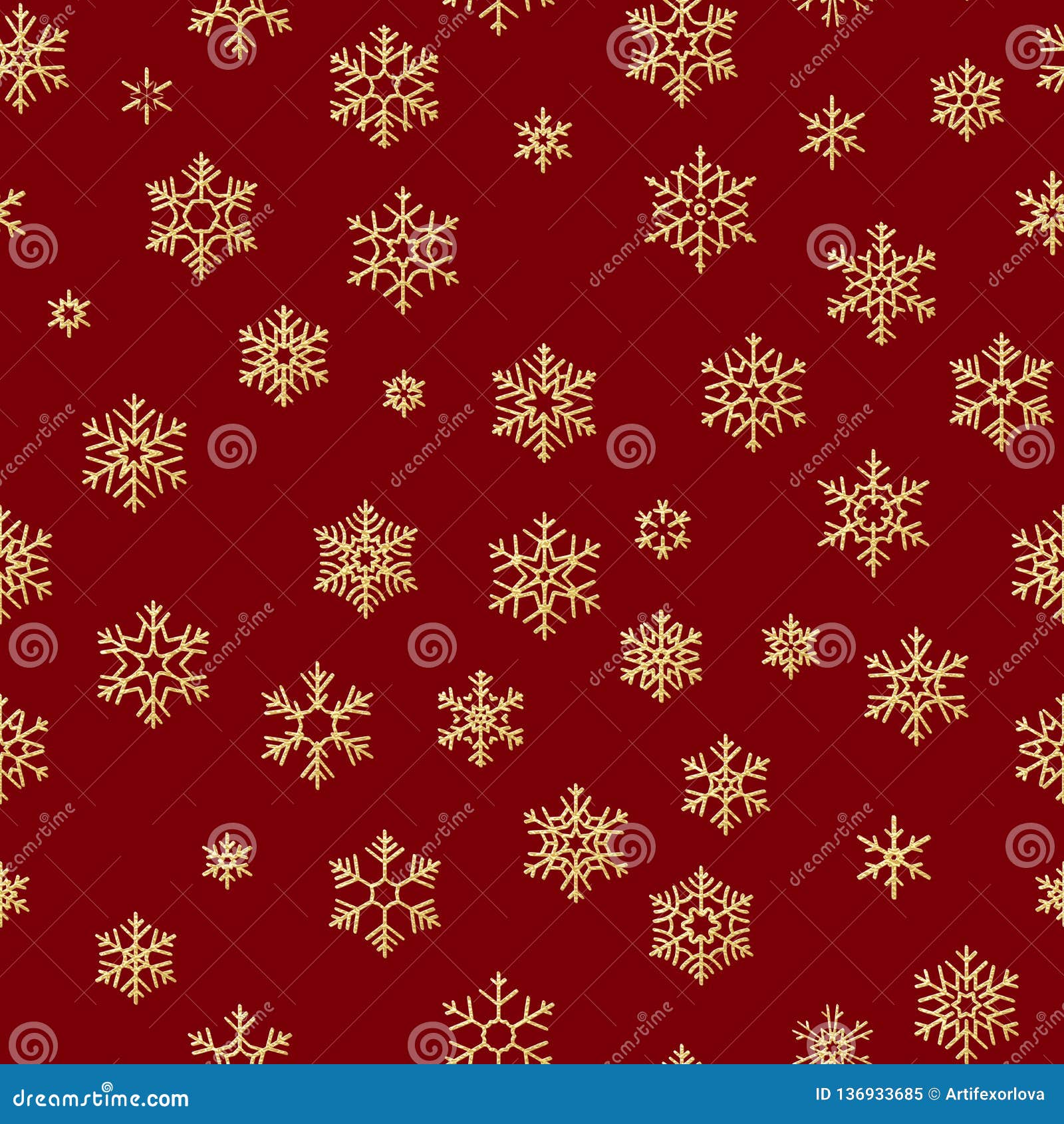 Gold Snowflakes Seamless Pattern on a Red Background. EPS 10 Stock Vector Illustration of