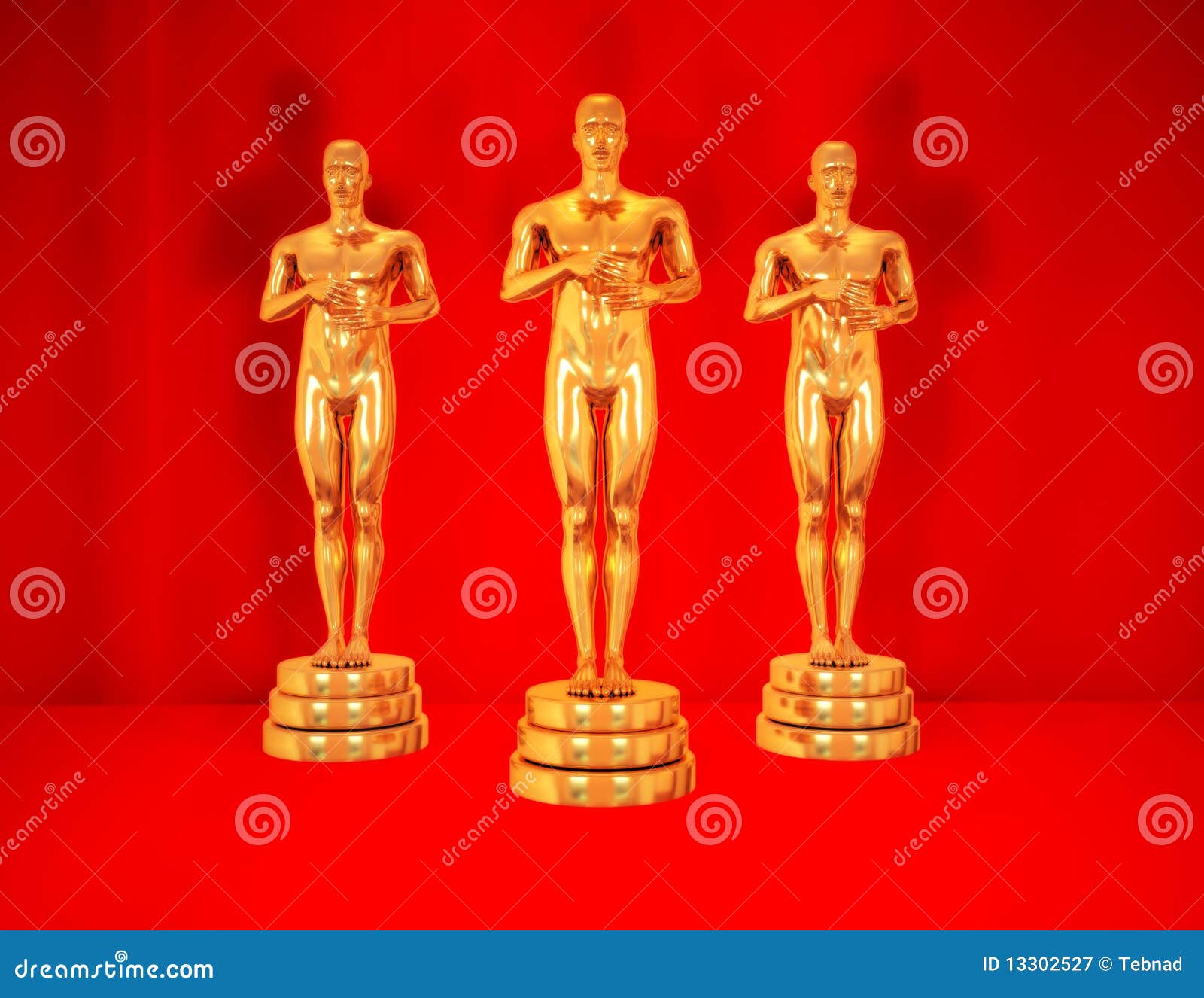 Gold statues on red. Statues of gold man over white, isolated. It is no Oscar award. With DOF effect.