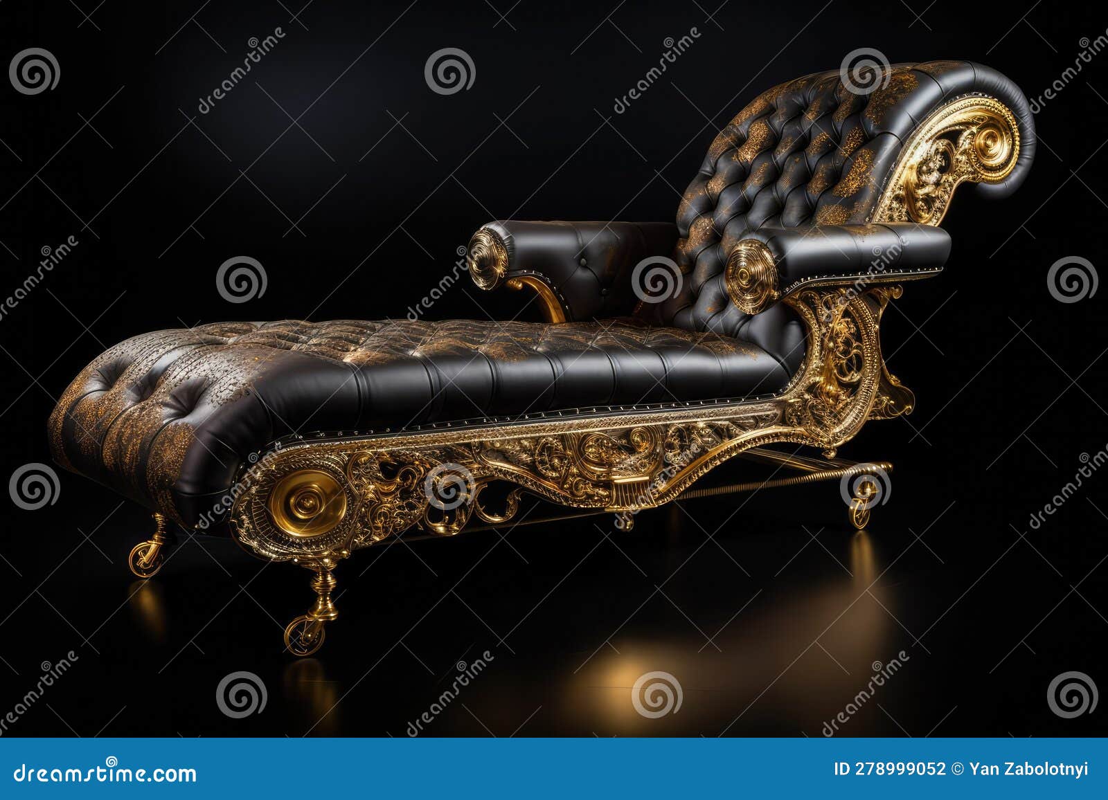 gold steampunk chaise lounge on black smoky background. generative ai