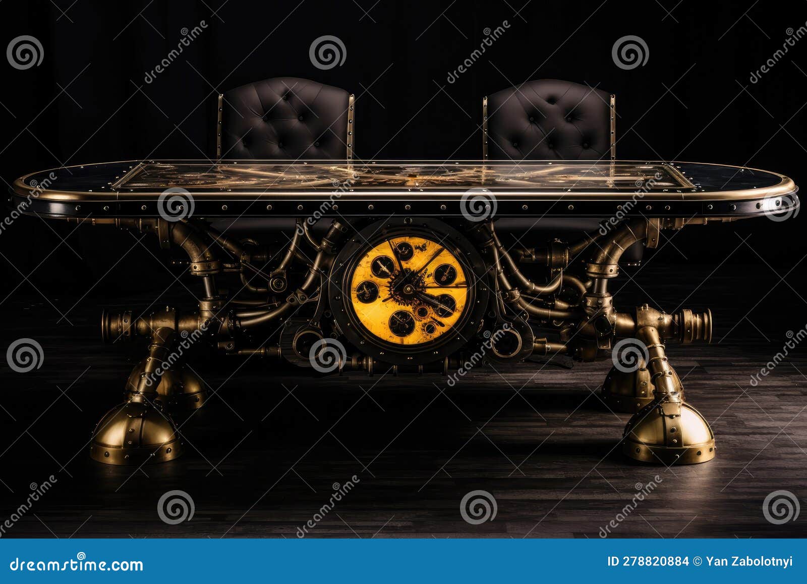 Gold Steampunk Dining Table on Black Smoky Background. Generative AI