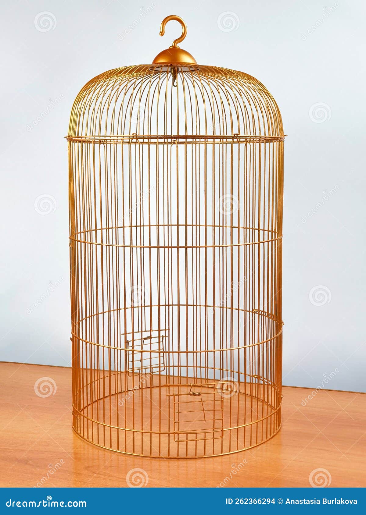 Gold Tall Metal Bird Cage with Hook on Red Table. Front View of
