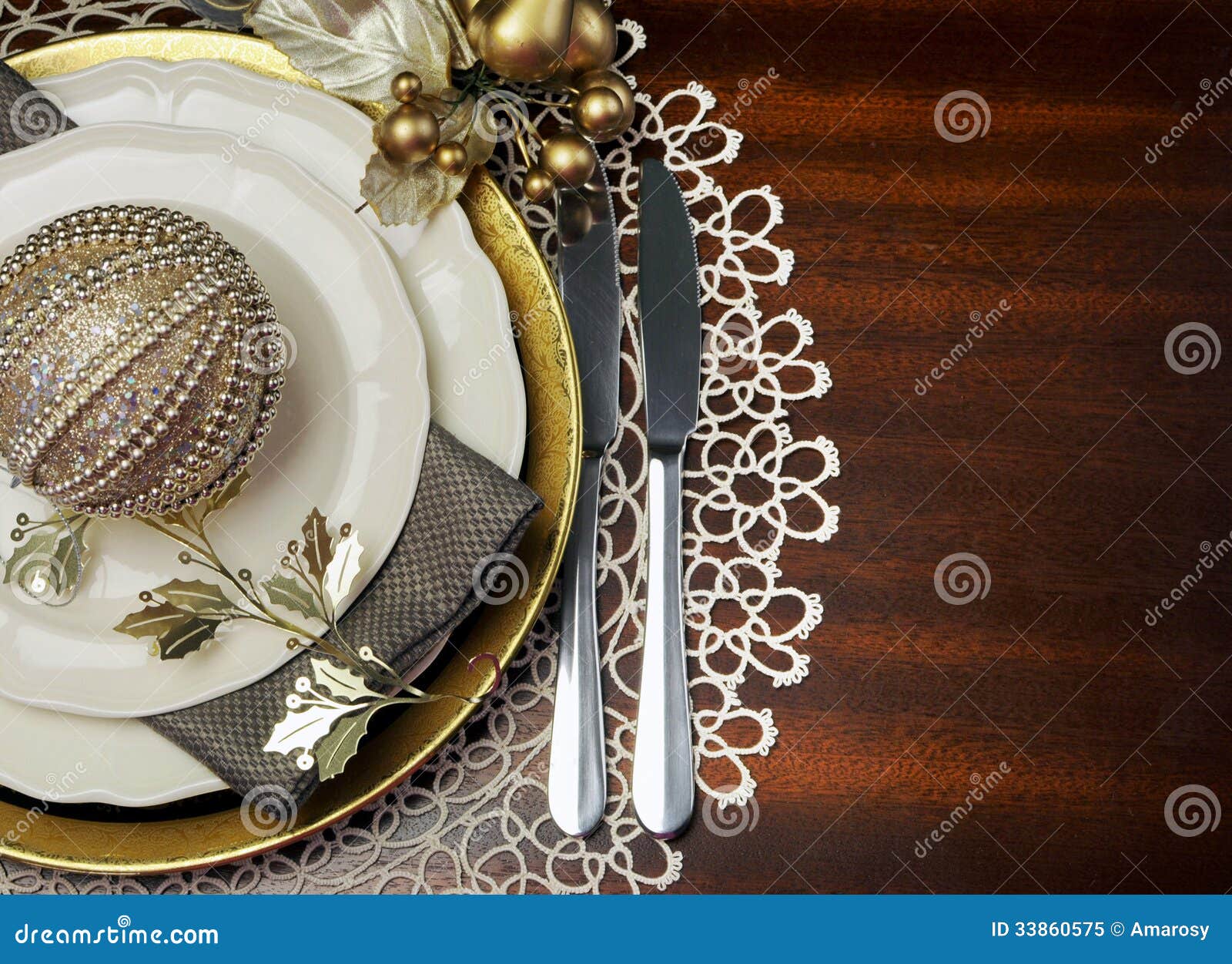 Gold Theme Christmas Dinner Table Setting, With Copy Space 