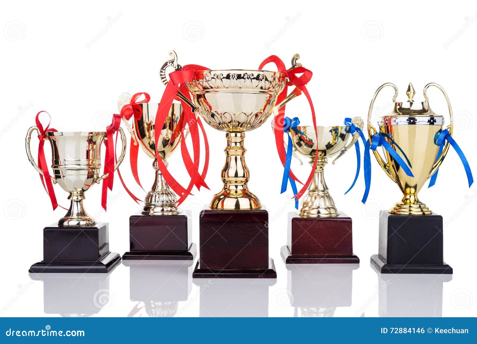 Gold Trophies with Decorative Ribbons on White Background Stock Photo