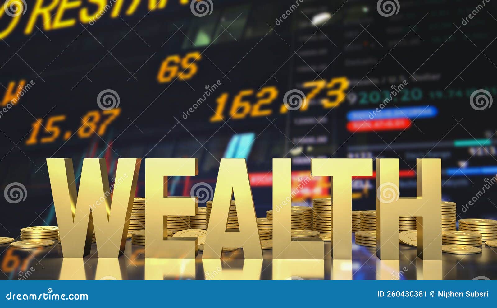 The Gold Wealth Text And Gold Coins For Business Concept 3d Rendering