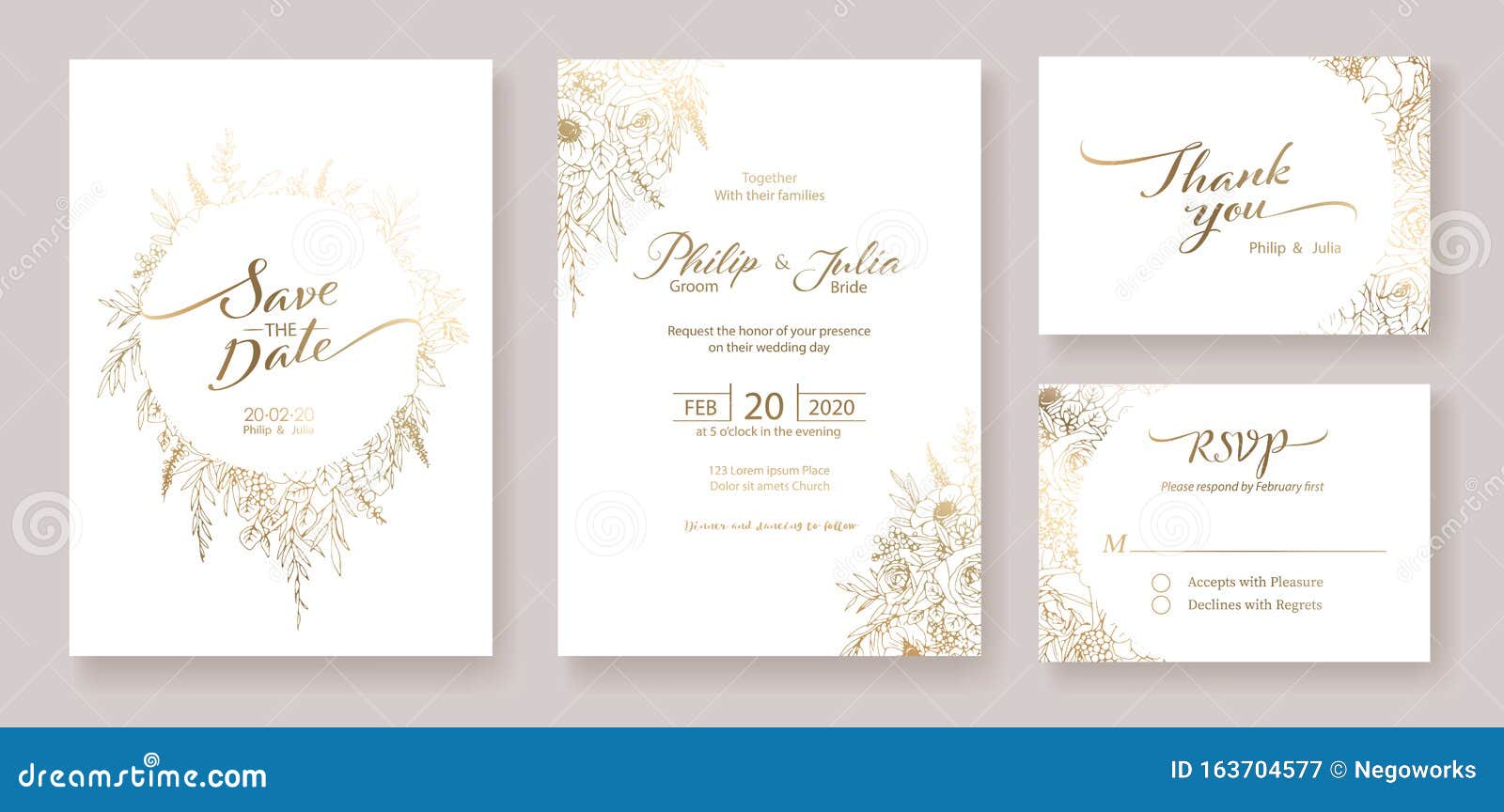 gold wedding invitation, save the date, thank you, rsvp card  template. . winter flower, rose, silver dollar, olive