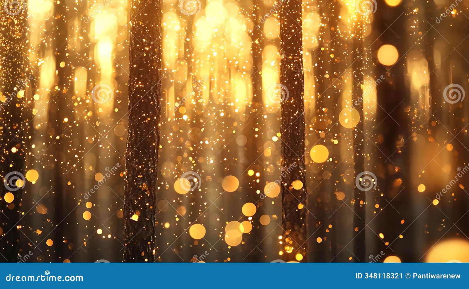 golden abstract tree trunks with floating lights