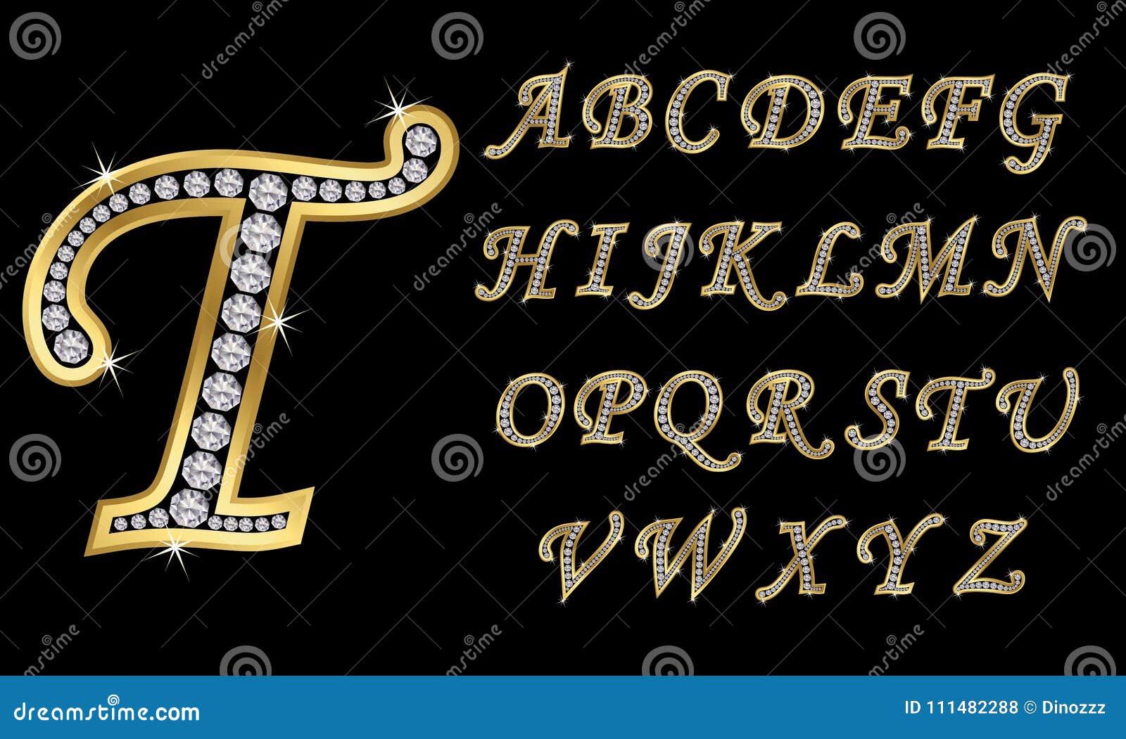 golden alphabet with diamonds, letters from a to z